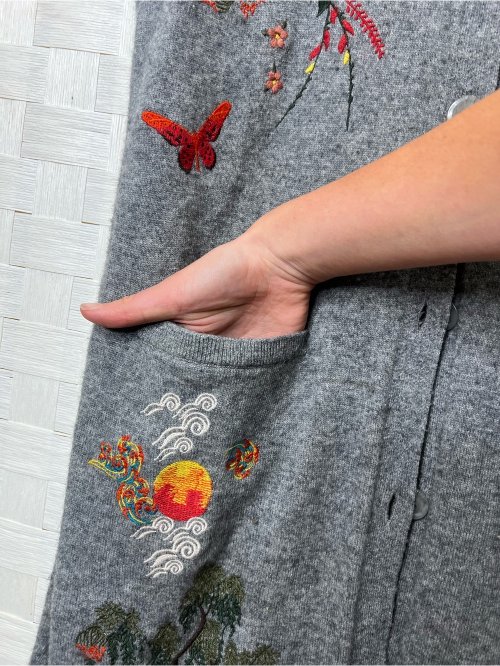 Johnny Was Gray Wool Cashmere Embroidered Long Sweater Vest Duster Cardigan (M) - Picture 7 of 16